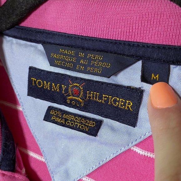 Tommy Hilfiger Mens Size Medium Pink Striped Golf 100% Pima Cotton Polo Shirt - Picture 2 of 7